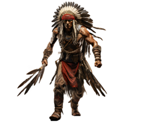 Tribal Indian warrior, native American tribe man, ancient civilization male in full growth isolated on transparent white background