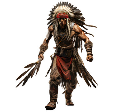 Tribal Indian warrior, native American tribe man, ancient civilization male in full growth isolated on transparent white background