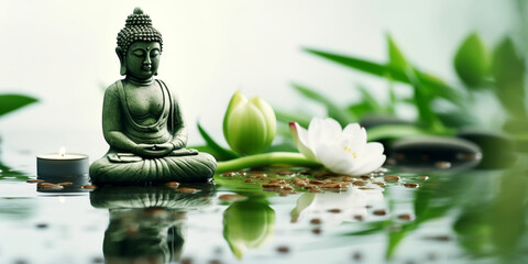 Buddha statue water lotus Buddha near lotus flower on green background