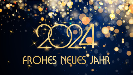 Karte oder Banner, um ein glückliches Jahr 2024 zu wünschen, in Gold auf blauem Hintergrund mit Kreisen und goldfarbenem Glitzer im Bokeh-Effekt