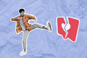 Artwork collage sketch metaphor of mad crazy guy unpopular blogger kicking heart obession social...