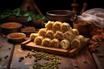 freshly rolled baklava dough on wooden surface