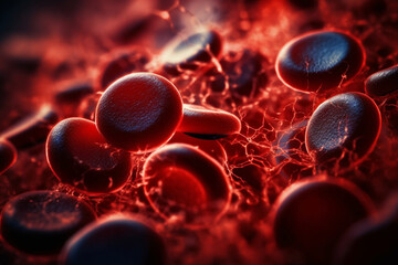 An image of blood cells flowing through a blood vessel, taken under a microscope, Circulatory system, bokeh  - obrazy, fototapety, plakaty