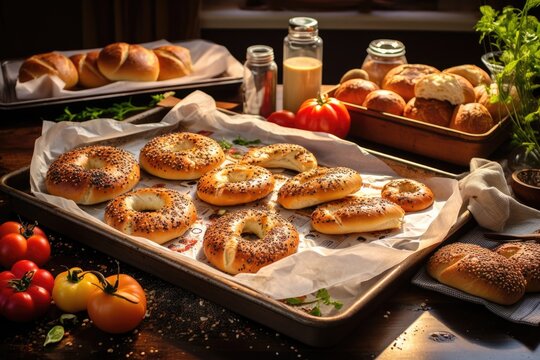 baking tray with parchment paper and raw bagels