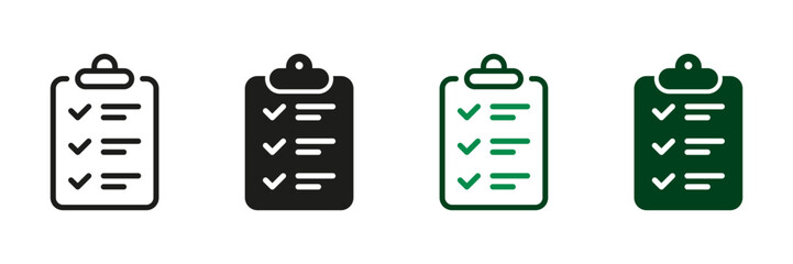 Clipboard Line and Silhouette Icon Set. Form, Checklist Black and Color Pictogram. Business Contract Symbol Collection. File with Check List Sign. Data Report. Isolated Vector Illustration