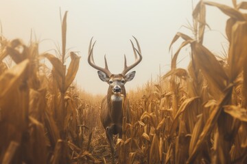 Deer standing in corn field in summertime nature. - Powered by Adobe