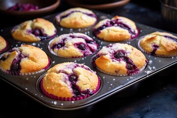 muffin tin filled with blueberry batter - obrazy, fototapety, plakaty