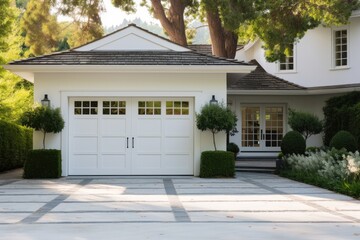 White garage door with a driveway in front.