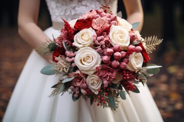 Wedding bouquet in the hands of the bride.