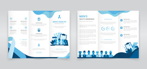 Trifold brochure, pamphlet, triptych leaflet or flyer template which shows the contribution of healthcare professionals in men's health issues such as prostate cancer or testicular cancer