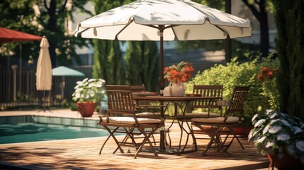 Obraz na płótnie Canvas Cafe table with chair and parasol umbrella in the garden