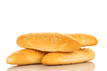 Four fragrant bagels, close-up, isolated on white.