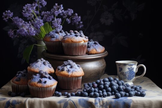 artful arrangement of muffins and blueberries