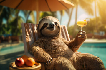A funny sloth relaxes on a lounge chair by the pool, enjoying a tropical cocktail and the warm sun. Concept of relaxation and fun at an all-inclusive hotel resort