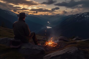 a man by the fire looks at the sunset in the mountains