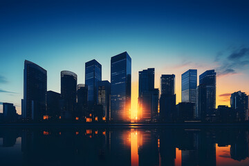 Skyline at Dusk. Silhouettes of Business Buildings during Sunset - obrazy, fototapety, plakaty