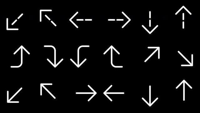 Animated direction arrows collection, alpha channel 4k video. Flat and dashed line white signs for using ui-ux projects. User interface elements, isolated backgroung. 30 fps animation.