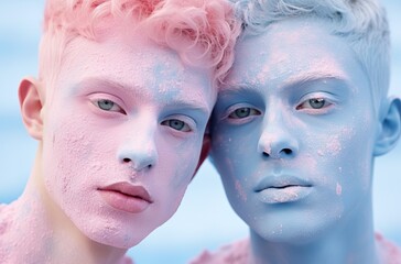 Portrait of a young man with pink hair and blue face