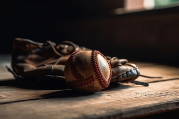 A baseball glove and ball sitting on a wooden bench, Sport, bokeh  - obrazy, fototapety, plakaty