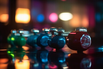 Fototapeta na wymiar A set of dumbbells in a gym with colorful weights in the background, Sport, bokeh 