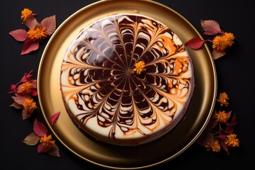 aerial view of a decorated cheesecake on a platter