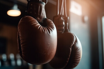 A pair of boxing gloves hanging from a hook in a gym, Sport, bokeh  - obrazy, fototapety, plakaty