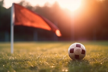 A soccer ball resting on the grass next to a corner flag, Sport, bokeh  - obrazy, fototapety, plakaty