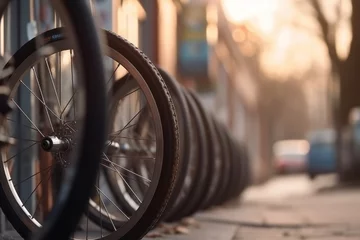 Fotobehang A row of bicycle wheels lined up outside a shop, Sport, bokeh  © Nati