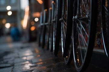 A row of bicycle wheels lined up outside a shop, Sport, bokeh  - obrazy, fototapety, plakaty