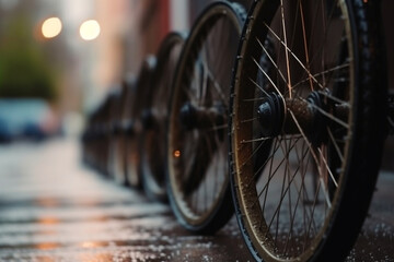 A row of bicycle wheels lined up outside a shop, Sport, bokeh 