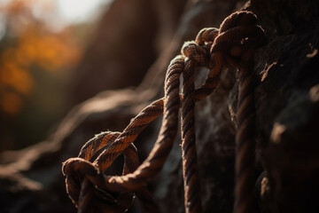 A close-up of a climbing rope and carabiner hanging from a rock face, Sport, bokeh  - obrazy, fototapety, plakaty