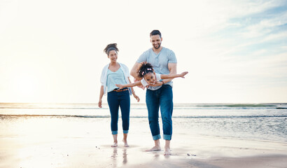 Beach, airplane with father, child and mother, freedom with sunshine and family, happiness and...