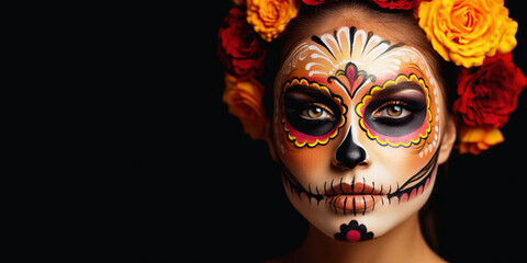 young woman with dia de los muertos or day of the dead sugar skull make-up and flower headdress