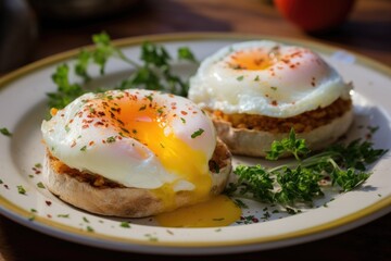 freshly poached eggs on english muffin halves