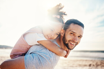 Obraz premium Portrait, father and piggyback child at beach for summer holiday, family vacation and travel together in Colombia. Happy dad carrying young girl kid at ocean for love, care and support in sunshine