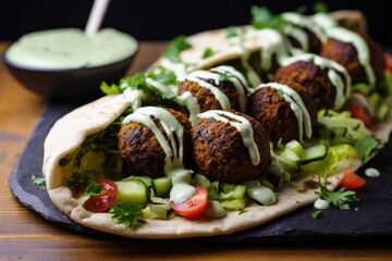 falafel balls in a pita with tahini drizzle
