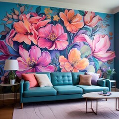 Comfortable sofa near wall with floral wallpaper, space for text. Stylish living room interior. AI generated image