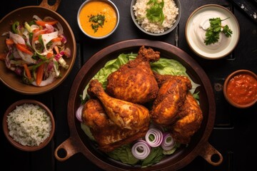 top view of fried chicken served with side dishes