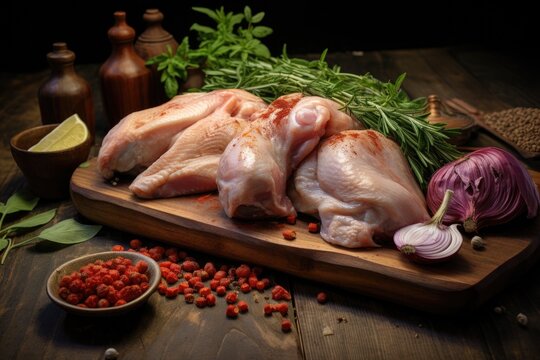 fresh raw chicken pieces on board with herbs