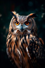 Beautiful eagle owl, on a dark background. Generative AI.