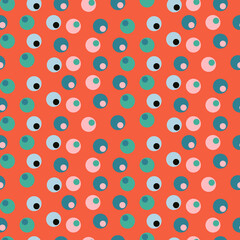 Seamless dots spotted pattern. Summer ditsy olives all over print. Abstract geometric background with multicolored dots. Red and green retro colors