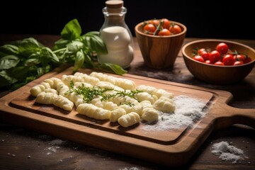 freshly made gnocchi dough on a wooden board