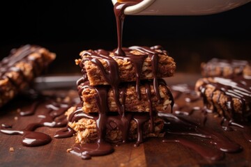 drizzling melted chocolate on top of freshly baked granola bars