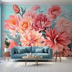 Comfortable sofa near wall with floral wallpaper, space for text. Stylish living room interior. AI generated image