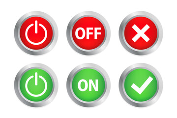 On Off Slider, Set Power On Off Switch Button, On and Off Slider, Shutdown Symbol, Slider On Off Push Button, 3D Realistic Glossy And Shiny Glowing Energy Icons. Tick and cross. Vector illustration