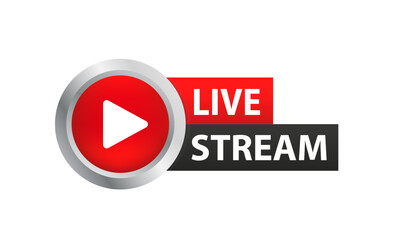 Flat style live stream vector icon with play button isolated on white background for blog, player, broadcast, website, online radio, media labels, logo. Glossy button. Vector illustration