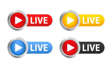 Live broadcast flat vector icon. Red, blue and yellow design element with button to play news, radio, television or online broadcast isolated on white background. Glossy button. Vector illustration