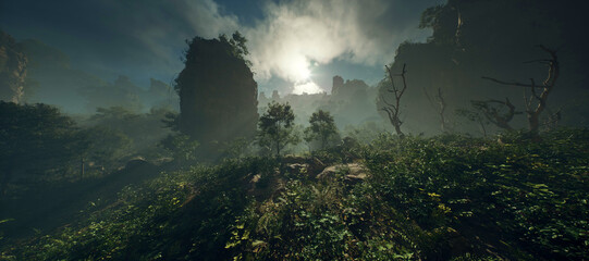 Misty jungle with dead trees and rock pillars under cloudy sky.