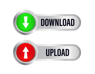 Download and upload button in 3d style with arrow symbols. Downloading and uploading documents. Click here button. Save cloud icon push button for UI UX, website. Vector illustration