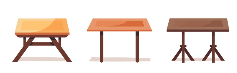Wooden tables for home in flat and cartoon style.